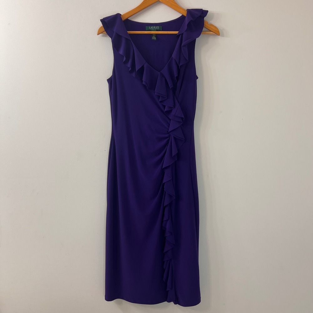 Lauren Ralph Lauren Purple Ruffle V-Neck Ruched Sheath Dress Size 4 Sleeveless